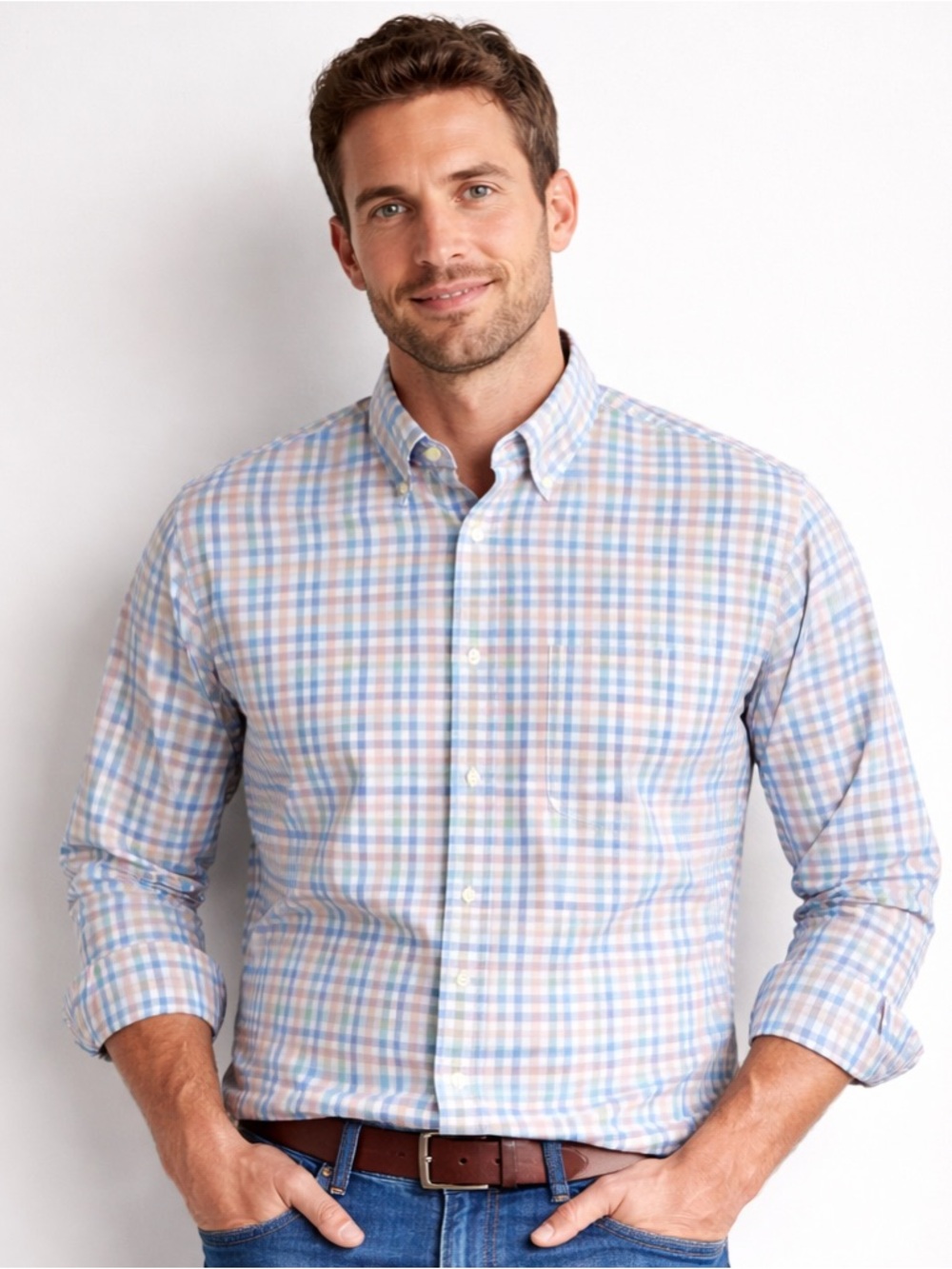 Peter Millar Men’s Medium Button Down Shirt Plaid Blue Pink Cotton Classic Fit